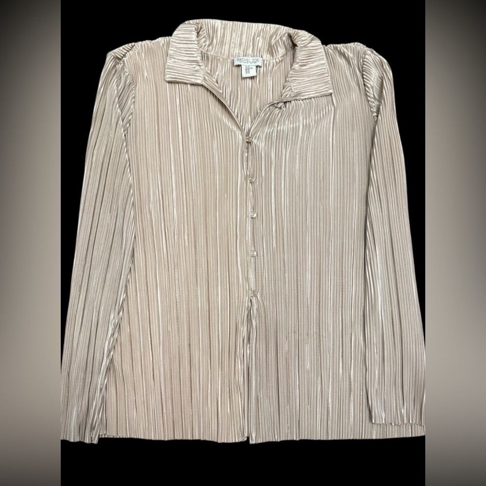 Rachel Zoe Metallic Pleated Blouse Top XL Champagne Shimmer Long Sleeve